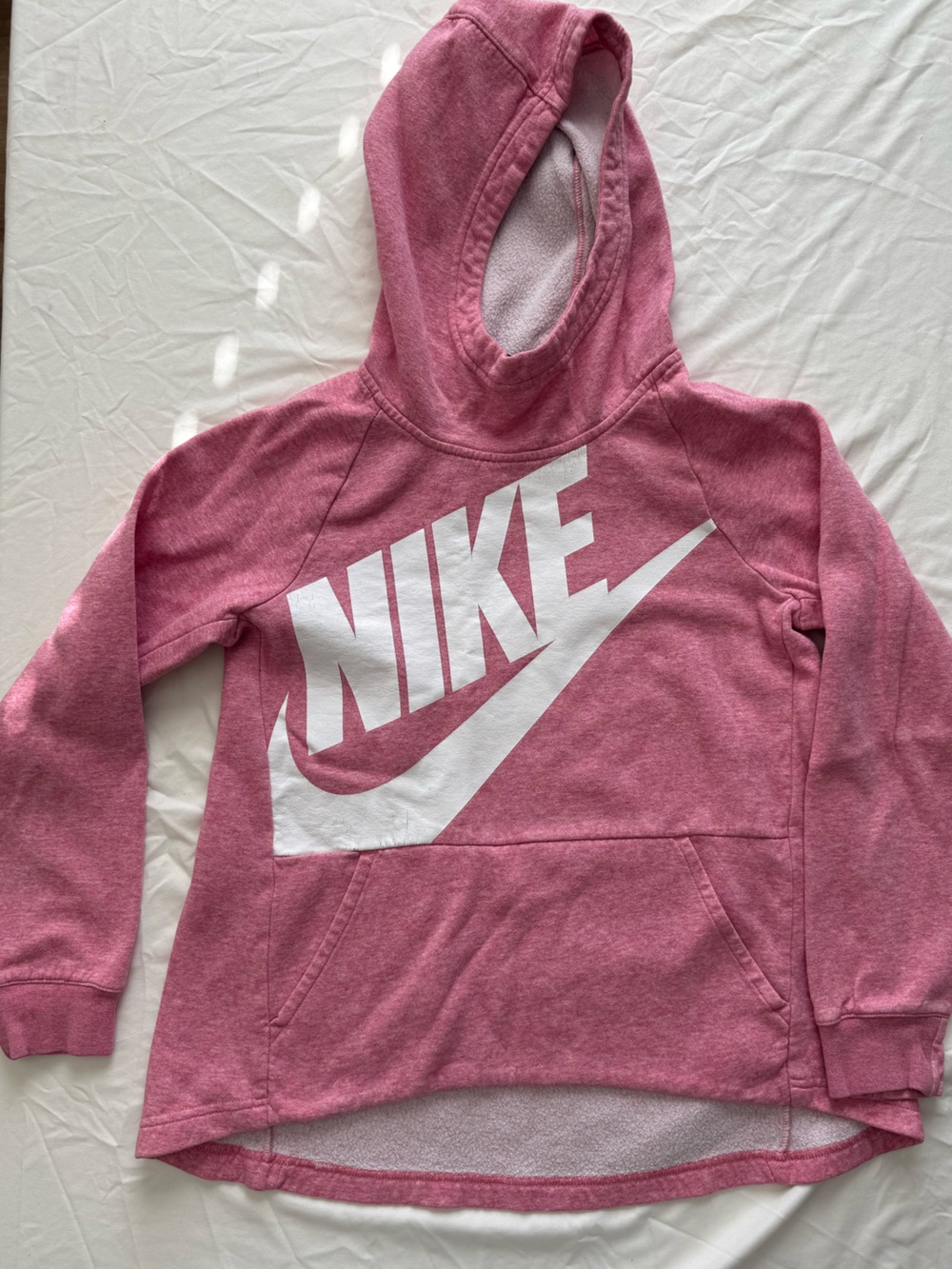 Nike Youth Med Pink Pullover Funnel Neck Hoodie White Logo Athleisure Cozy